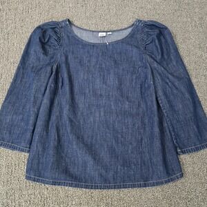 Gap Puff Sleeve Denim Top Medium Chambray Peasant Blouse Cottagecore